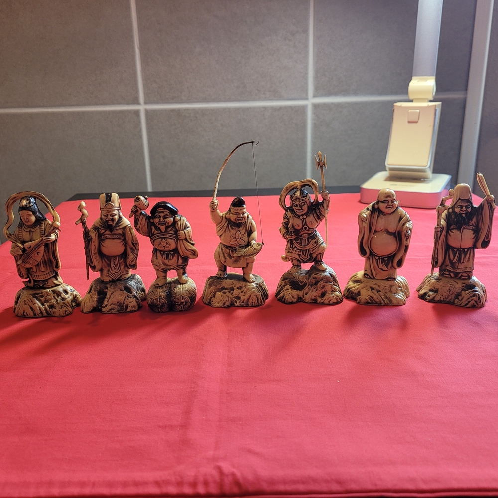Vintage Japanese Celluloid Seven Lucky Gods Figurines, Set Of 7